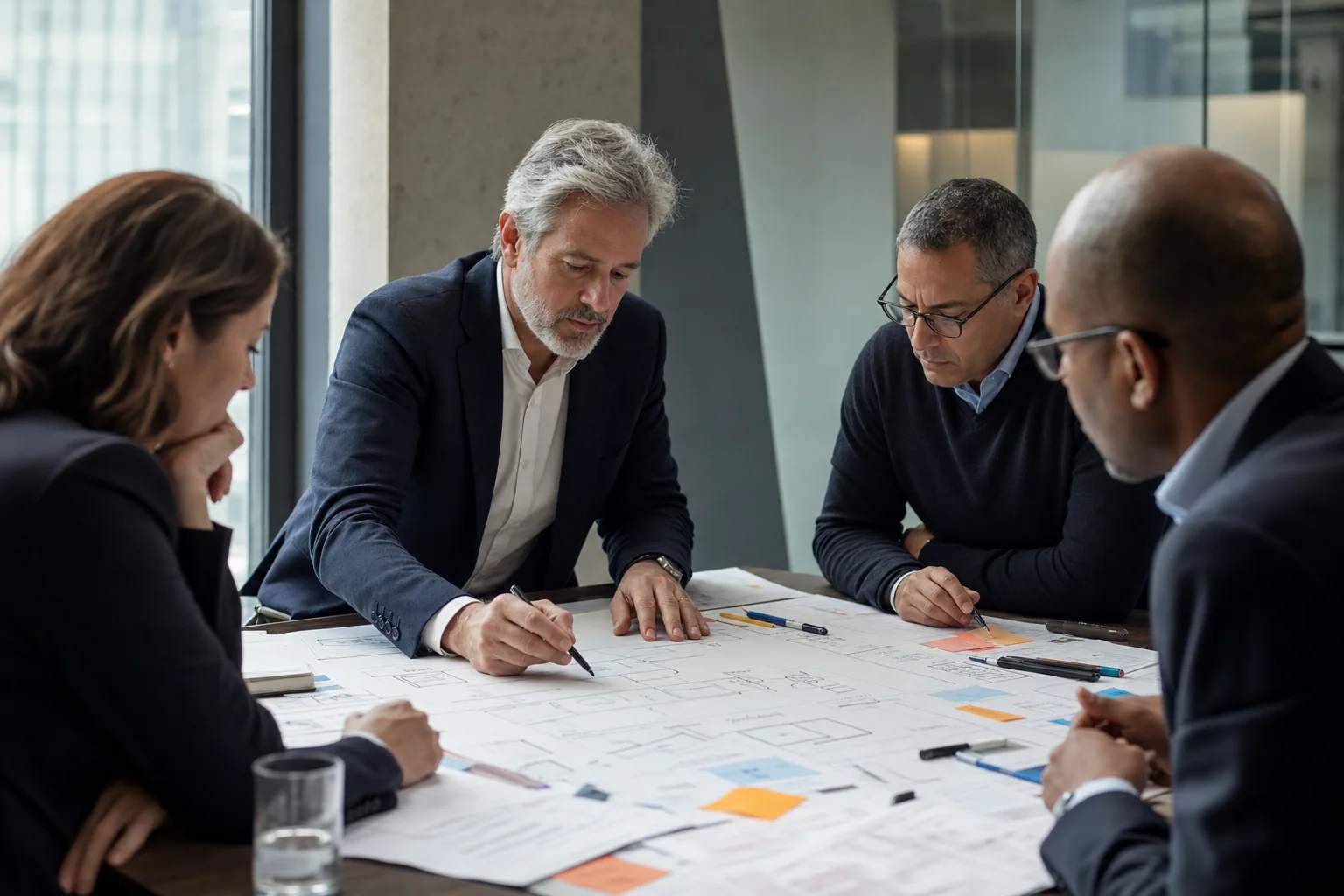 Enterprise leaders mapping decisions and workflow handoffs during an Atherian facilitation session